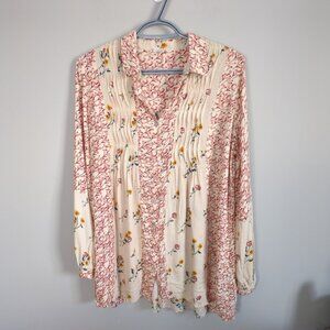 Jane and Delancey Mixed‎ Floral Pleated Long Sleeve Boho Button-Up Blouse Size M